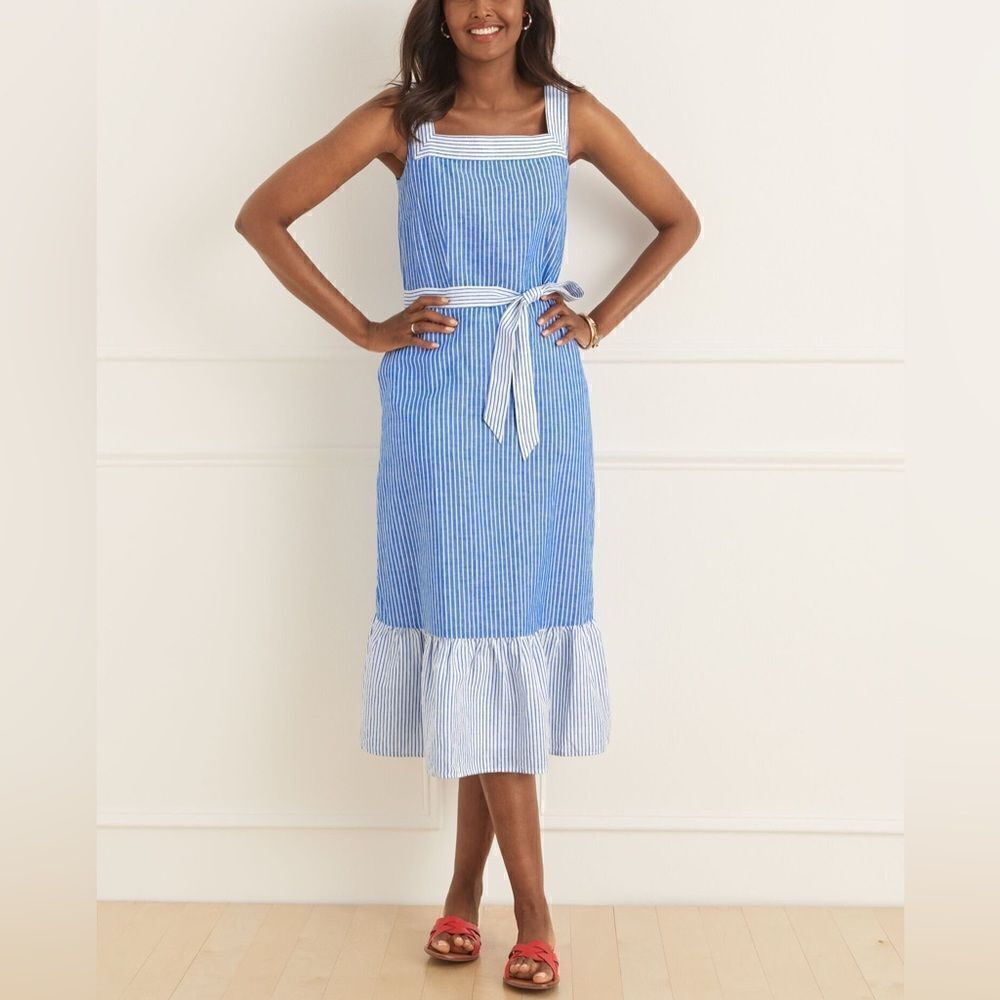 Talbots STRIPE TIE WAIST LINEN MIDI DRESS - Picture 3 of 8